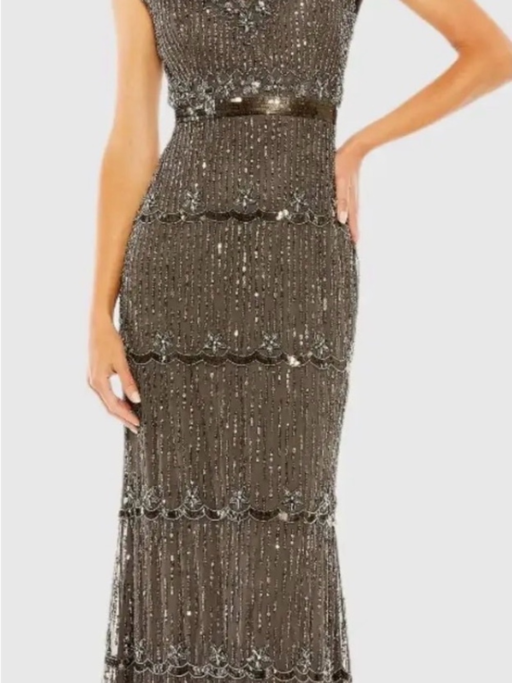 Mac Duggal Metallic Gray Beaded Maxi Gown